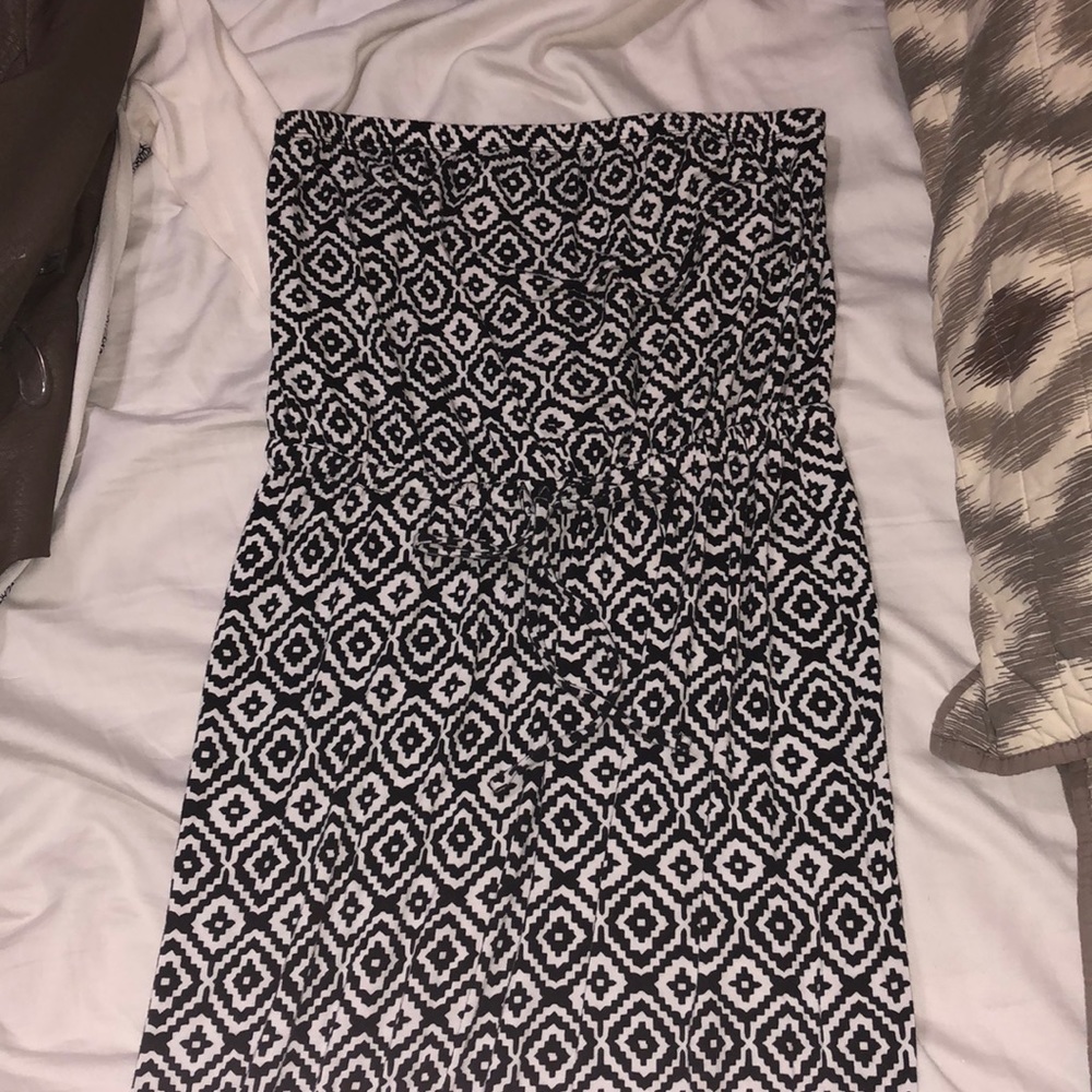 Aztec print black and white strapless maxi dress